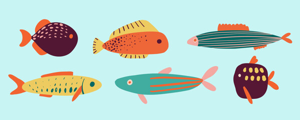 Big set of vector hand drawn cute fishes in flat style. Fishes body, vector icons. Vector illustration for icon, logo, print, icon, card, emblem, label. Aquarium.