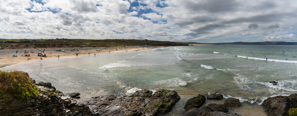 panorama view of Gwithian Beach and St. Ives Bay in northern Cornwall