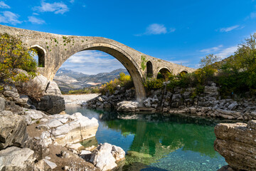 view of the Ottoman Mesi Bridge near Shkoder in northwestern Albania - obrazy, fototapety, plakaty