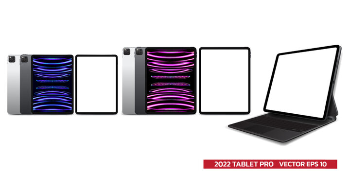 New generation 2022 tablet ,Mock up of popular tablet with 2 size 11 and 12.9 inch front view and blank display ,realistic vector illustration on white background.