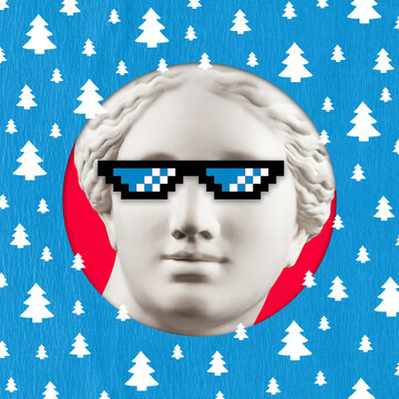 Christmassy collage with face of antique sculpture in pixel glasses. Creative xmas image with an antique statue. Funky template for Christmas and New Year theme. Postcard in contemporary art style.