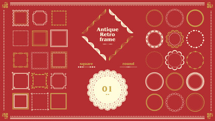 レトロでヴィンテージなクラシックアンティークフレームデザイン03　飾り枠のイラスト素材）赤金白