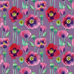 Seamless pattern of poppy flowers painted with watercolours on a lilac background. For fabric, sketchbook, wallpaper, wrapping paper.