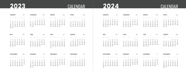 2023 - 2024 Annual Calendar template. Vector layout of a wall or desk simple calendar with week start monday.