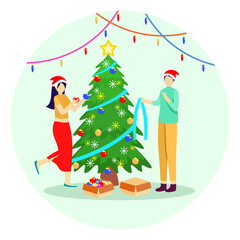 Men and women celebrating Christmas.Vector illustration of people decorating a Christmas tree with ball lights. christmas bells. flat illustration design