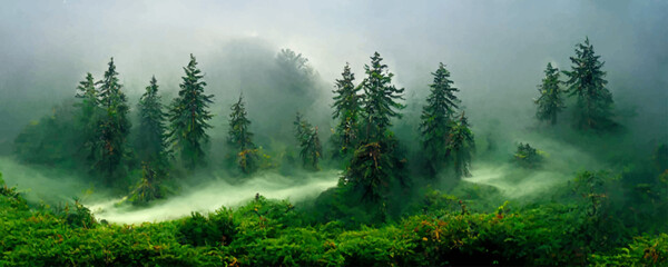 Fog Rolling In Over Lush Evergreen Forest