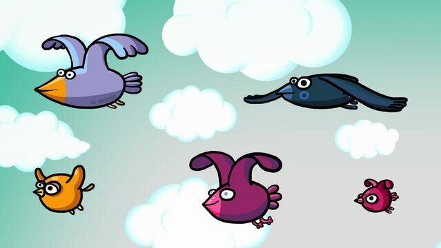 Cartoon animation character flying birds on clouds background sky. Birdpack good for any background  use. Seamless loop.
