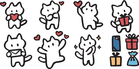 気持ちを伝える猫　ハート　プレゼント　バレンタイン　シンプルでかわいい装飾イラストセット