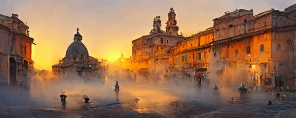 Fototapeta na wymiar Ancient street during sunrise Rome Italy, vector