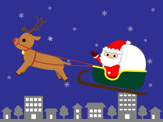 トナカイにひかれるソリに乗るサンタクロース。背景は雪が舞う冬の夜空と街並み。