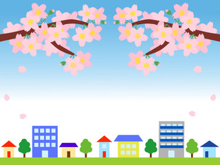 桜の花びらが舞う春の青空の背景と街並みのフレーム