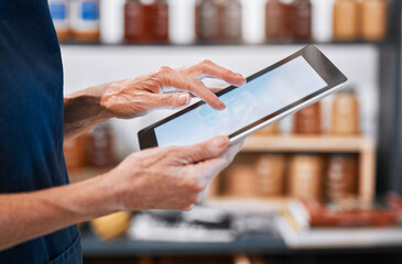 Digital tablet, hands and mockup screen with typing for online research on internet with technology. Networking, data and blank mobile device for company email, documents and marketing in workplace.