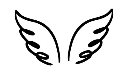 Wings birds and angel. Cartoon doodle bird tattoo wing icon. Feather sketch handdrawn collection