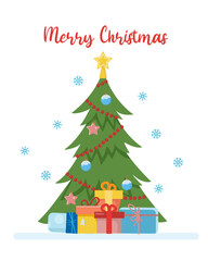 
Christmas tree with gift boxes. Christmas tree decorated with decorative balls and light bulbs. Snowflakes. Merry Christmas and Happy New Year. Vector illustration in a flat style.

