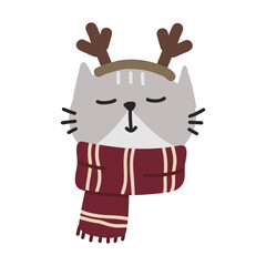 Cute Festive Cat character wearing deer antler. Hand drawn kitty in scarf. Vector cozy illustration