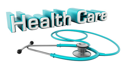 Healthcare text and stethoscope on transparent background.. 3D illustration