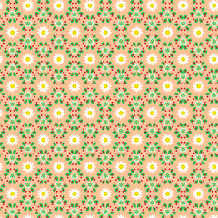 Spring summer botanical pattern with red ladybugs and white daisies isolated on a light pastel peach, cream background