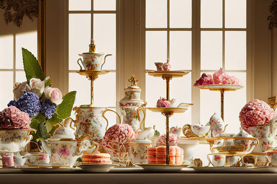 AI generated image of a vintage ornate high tea table with stacked dinnerware, tea cup, pink roses and gold cutlery