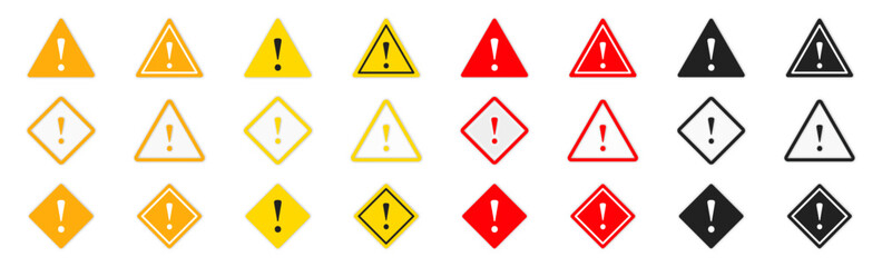 Caution signs. Exclamation mark of warning attention icon. Caution signs collection. Symbols danger. Vector illustration. EPS 10.