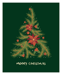Naklejka na ściany i meble christmas card with fir tree and poinsettia 