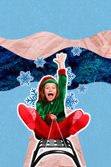 Obraz premium Creative photo 3d collage artwork poster postcard of little person girl boy hurry 2023 winter holiday isolated on painting background