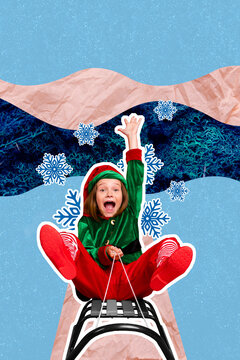 Creative photo 3d collage artwork poster postcard of little person girl boy hurry 2023 winter holiday isolated on painting background