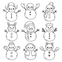 Vector doodle set of holidays snowman. Funny snowmen in different costumes isolated. Christmas New Year set for design.