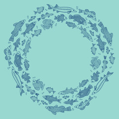 Vector doodle circle background with fishes of different shapes with various hand-drawn patterns, isolated