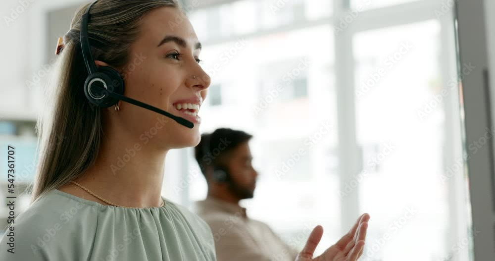 Poster Customer service, call center and sales consultant talking while reading on computer for contact us information for help and support. Telemarketing or CRM agent at her desk for ecommerce assistance