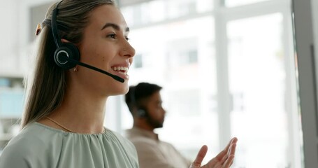 Customer service, call center and sales consultant talking while reading on computer for contact us information for help and support. Telemarketing or CRM agent at her desk for ecommerce assistance - Powered by Adobe