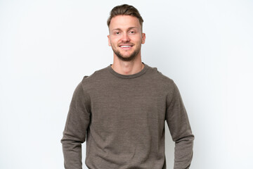 Fototapeta premium Young blonde caucasian man isolated on white background laughing