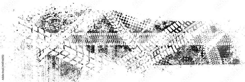 Poster Vector Print Textured Tire Track banner. Design Element . Car tread silhouette . Mud splash grunge texture. 