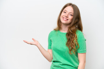Fototapeta premium Young pretty woman isolated on white background presenting an idea while looking smiling towards