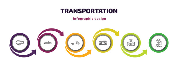 transportation infographic template with icons and 6 step or option. transportation icons such as zeppelin, houseboat, flatbed lorry, caboose, trolleybus, train front vector. can be used for banner,