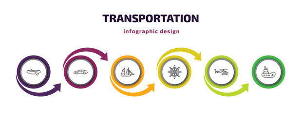 transportation infographic template with icons and 6 step or option. transportation icons such as dugout canoe, automobile, schooner, ship helm, helicopter profile, tugboat vector. can be used for - obrazy, fototapety, plakaty