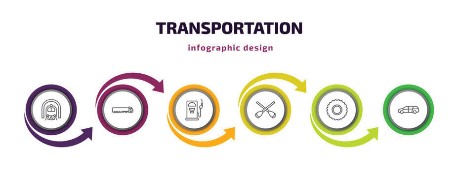 transportation infographic template with icons and 6 step or option. transportation icons such as train in a tunnel, tanker, fuel dispenser, rowing, all terrain, minivan vector. can be used for
