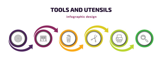 tools and utensils infographic template with icons and 6 step or option. tools and utensils icons such as target circles, doors, trash can open, forceps, print button, magnifier vector. can be used