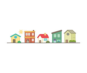 Adorable houses and neighbors line up kawaii doodle flat cartoon vector illustration