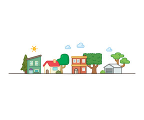 Adorable houses and neighbors line up kawaii doodle flat cartoon vector illustration