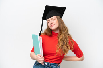 Young university graduate woman isolated on white background suffering from backache for having made an effort