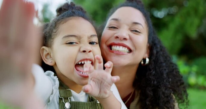 Family, Selfie And Comic Face With Mother In Mexico Park For Fun, Happiness And Bond Together. Funny, Mom And Child Enjoy Goofy, Comedy And Crazy Hand Photograph In Nature With Happy Smile.