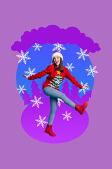 Artwork magazine picture of funny funky smiling x-mas santa assistant dancing having fun isolated drawing background