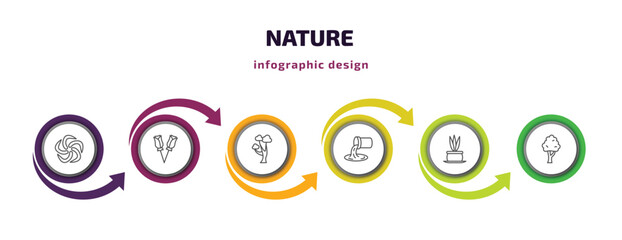 nature infographic template with icons and 6 step or option. nature icons such as whirlpool, two roses, gray birch tree, waste water, flower pot, black birch tree vector. can be used for banner,
