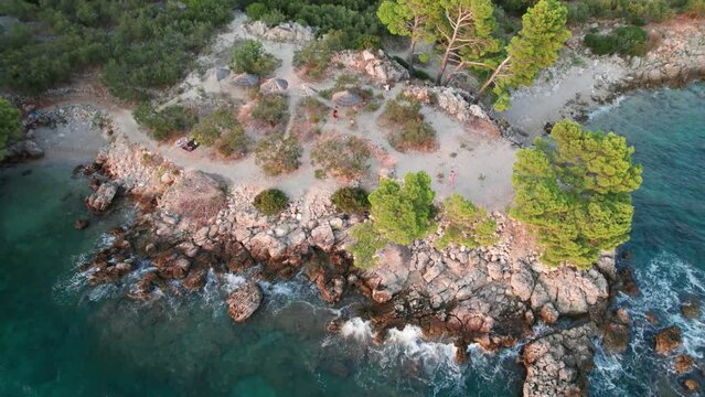 Tourist town of Tucepi idyllic beach aerial view, Riviera Makarska region of Croatia