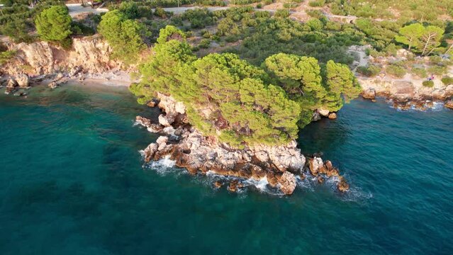 Proizd near dalmatian Makarska, Tucepi ,Croatia.Beautiful peaceful island with crystal clear sea full of wildlife.Active summer diving location. Aerial view on beautiful beach.