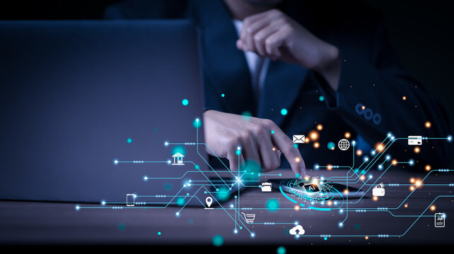 world future with artificial intelligence, innovation technology, busisness man smart working with Ai, infomation data base with high technology