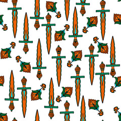 Patterns depicting medieval weapons, swords and a pickaxe. Design for printing on fabrics, wallpaper, covers, stationery, backdrop for games.