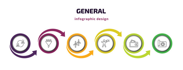 general infographic template with icons and 6 step or option. general icons such as on coaching, lead conversion, renewable energy label, leader with loudspeaker, card wallet, prototyping vector.