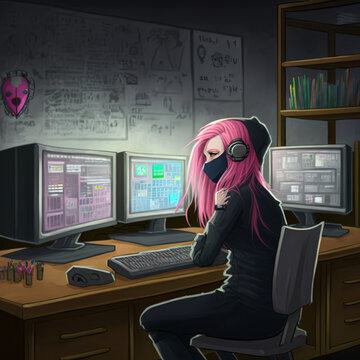 Pink haired female hacker working at her computer
