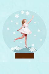 Creative photo 3d collage artwork poster picture of pretty lady inside ball souvenir catch snowflakes isolated on painting background